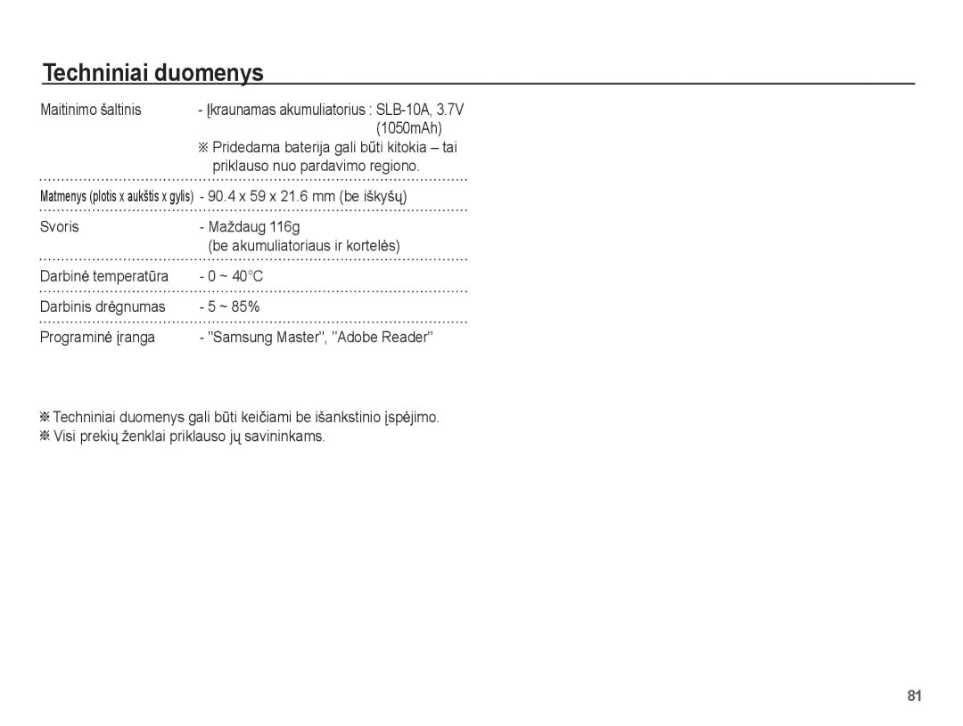 Samsung EC-ES55ZABP/RU, EC-ES55ZBBP/RU manual Maitinimo šaltinis, 1050mAh, Priklauso nuo pardavimo regiono, ~ 40C, ~ 85% 