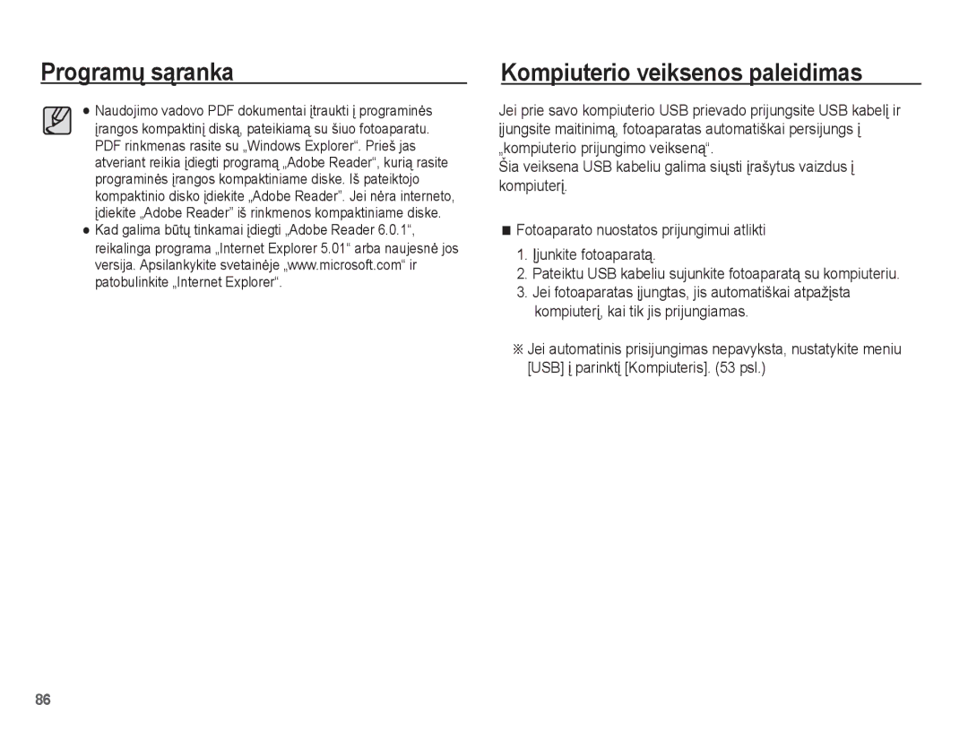 Samsung EC-ES55ZBBP/RU, EC-ES55ZABP/RU, EC-ES55ZSBP/RU manual Programǐ sąranka Kompiuterio veiksenos paleidimas 