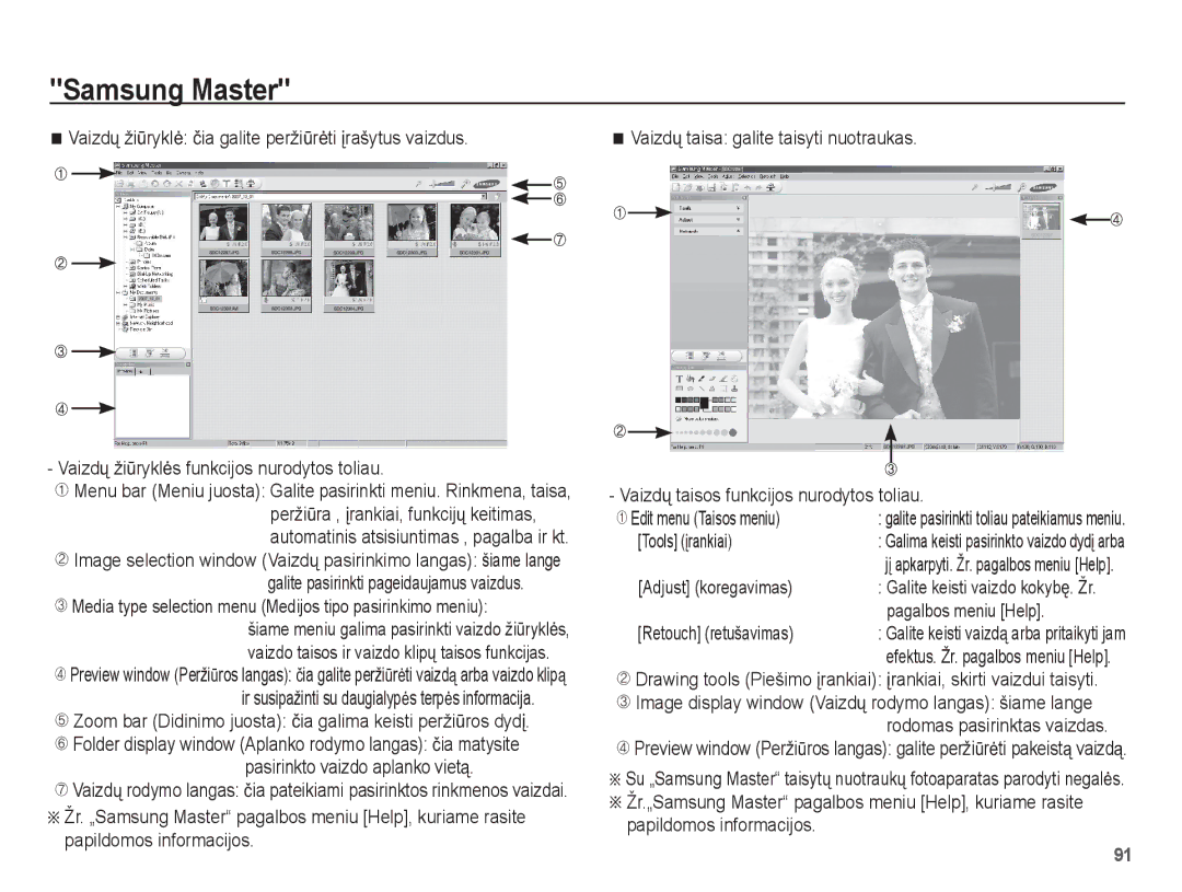 Samsung EC-ES55ZSBP/RU, EC-ES55ZBBP/RU manual Tools Ƴrankiai, Adjust koregavimas, Pagalbos meniu Help, Retouch retušavimas 