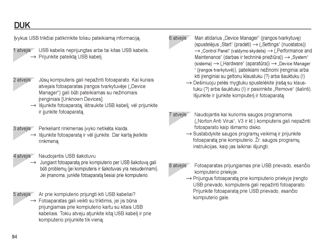 Samsung EC-ES55ZSBP/RU manual Prijunkite pateiktą USB kabelƳ, Manager gali bǌti pateikiamas su nežinomais, Rinkmeną 