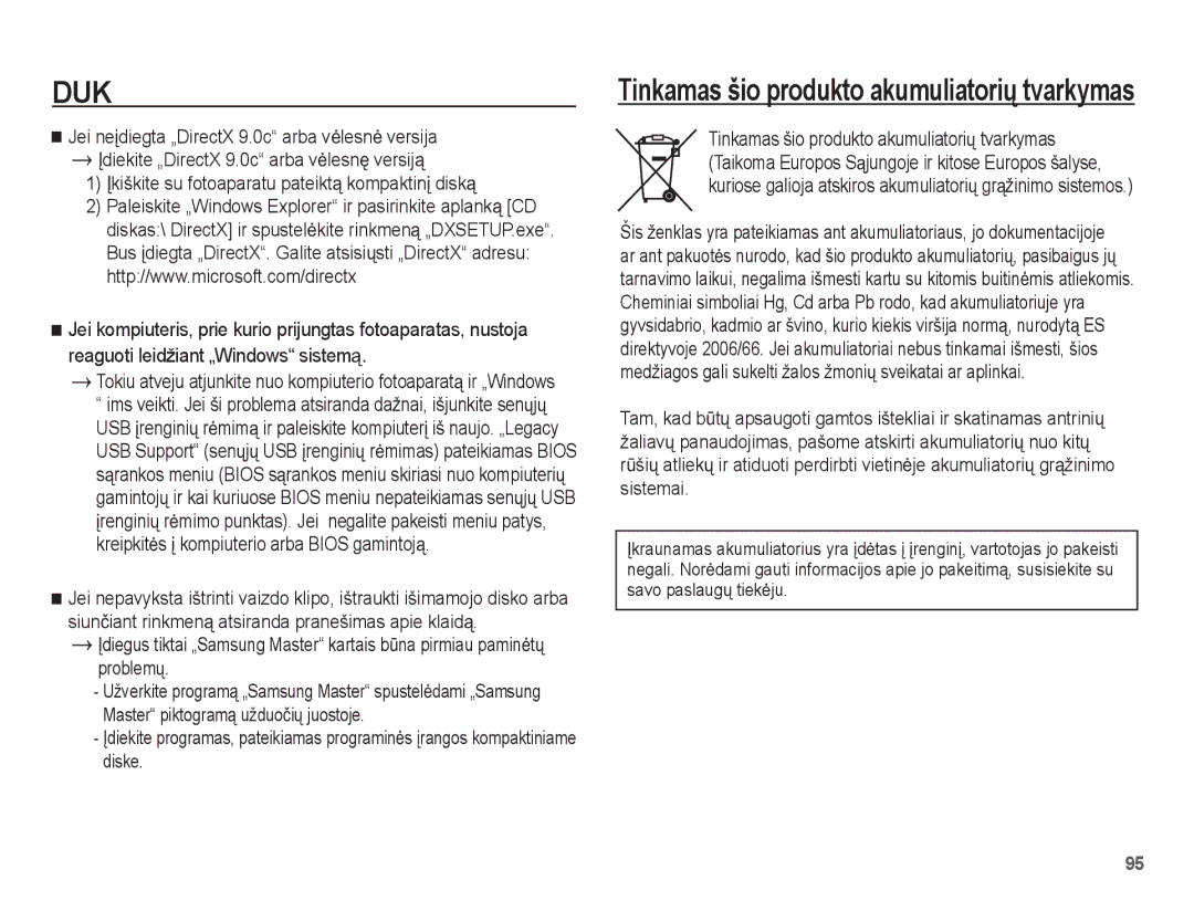 Samsung EC-ES55ZBBP/RU, EC-ES55ZABP/RU, EC-ES55ZSBP/RU manual Tinkamas šio produkto akumuliatoriǐ tvarkymas 