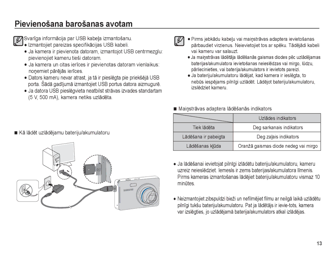 Samsung EC-ES55ZSBP/RU, EC-ES55ZBBP/RU KƗ lƗdƝt uzlƗdƝjamu bateriju/akumulatoru, MaiƼstrƗvas adaptera lƗdƝšanƗs indikators 