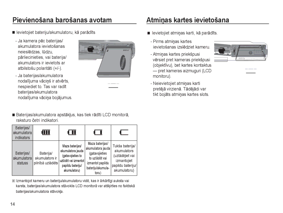 Samsung EC-ES55ZBBP/RU, EC-ES55ZABP/RU manual AtmiƼas kartes ievietošana, Ievietojiet bateriju/akumulatoru, kƗ parƗdƯts 