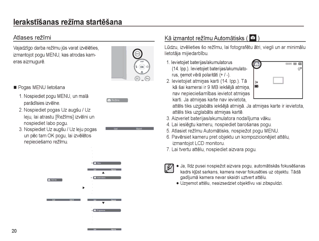 Samsung EC-ES55ZBBP/RU, EC-ES55ZABP/RU manual IerakstƯšanas režƯma startƝšana, Atlases režƯmi KƗ izmantot režƯmu AutomƗtisks 