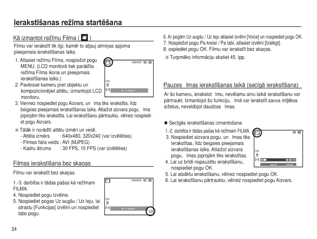 Samsung EC-ES55ZABP/RU, EC-ES55ZBBP/RU, EC-ES55ZSBP/RU manual KƗ izmantot režƯmu Filma, Filmas ierakstƯšana bez skaƼas 