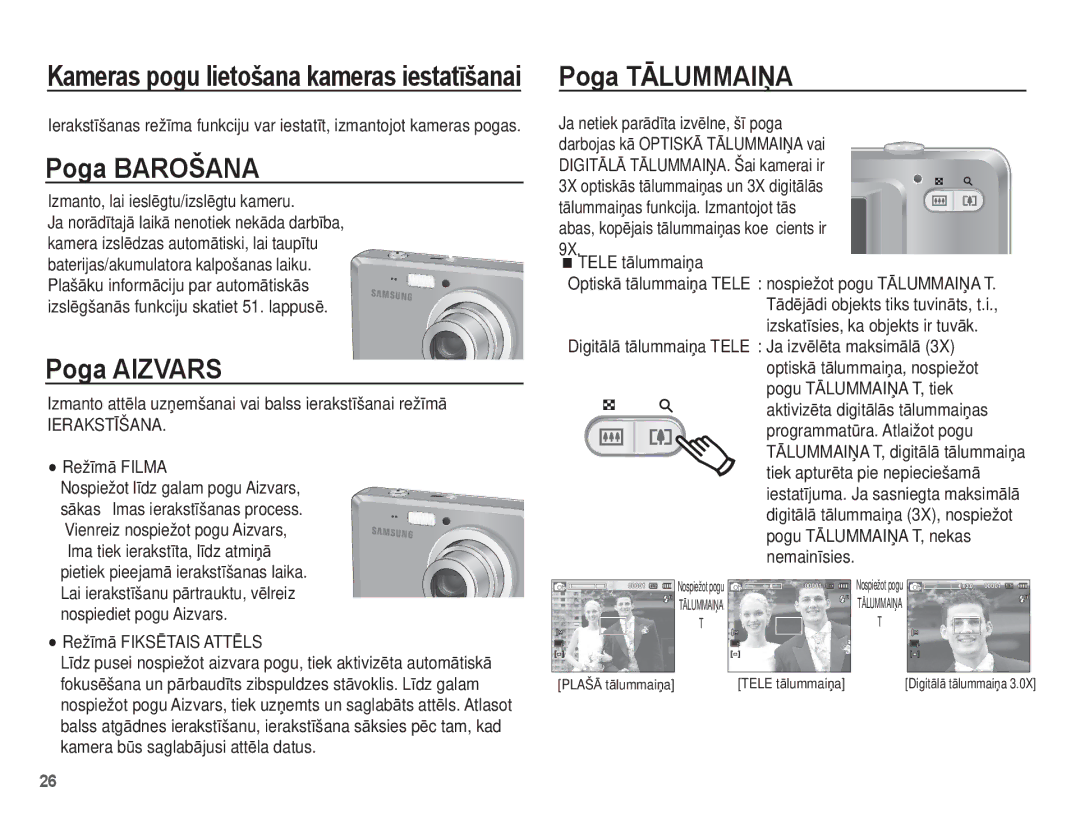 Samsung EC-ES55ZBBP/RU, EC-ES55ZABP/RU, EC-ES55ZSBP/RU manual Poga Barošana, Poga Aizvars, Poga TƖLUMMAIƻA 