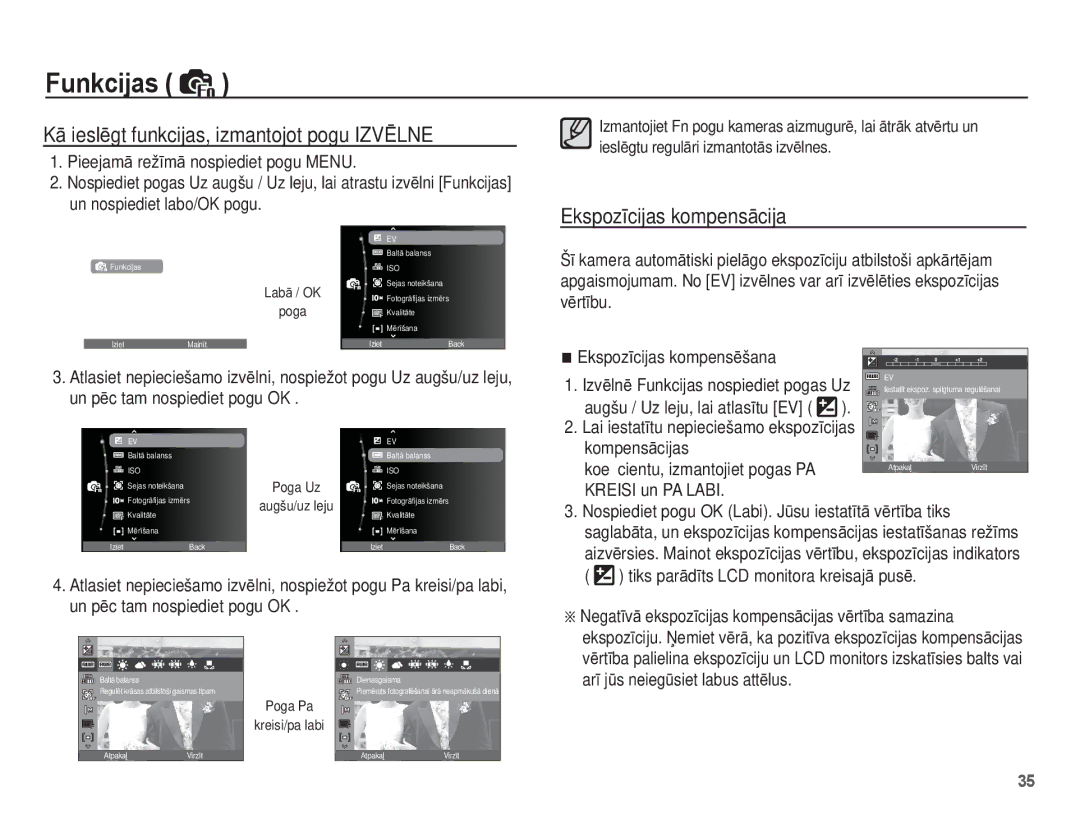 Samsung EC-ES55ZBBP/RU manual KƗ ieslƝgt funkcijas, izmantojot pogu Izvɯlne, EkspozƯcijas kompensƗcija, KompensƗcijas 