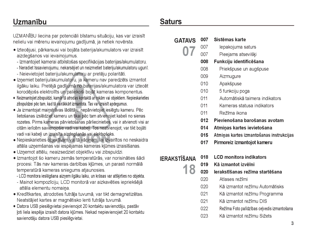 Samsung EC-ES55ZABP/RU, EC-ES55ZBBP/RU manual UzmanƯbu Saturs, Neievietojiet bateriju/akumulatoru ar pretƝju polaritƗti 