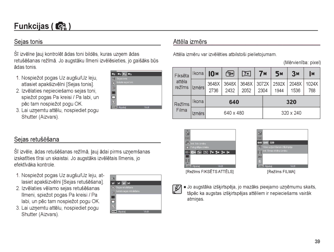 Samsung EC-ES55ZABP/RU, EC-ES55ZBBP/RU manual Sejas tonis AttƝla izmƝrs, Sejas retušƝšana, Ɨdas tonis, Shutter Aizvars 