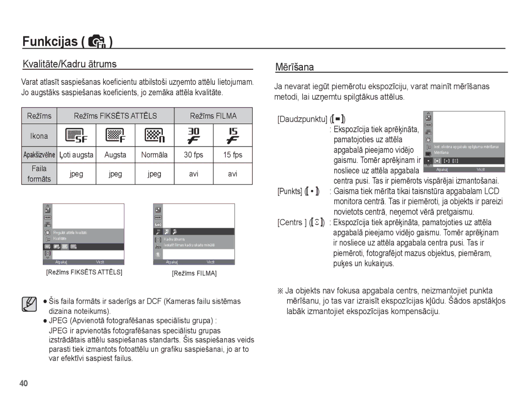 Samsung EC-ES55ZSBP/RU, EC-ES55ZBBP/RU, EC-ES55ZABP/RU manual KvalitƗte/Kadru Ɨtrums, MƝrƯšana, Pamatojoties uz attƝla 