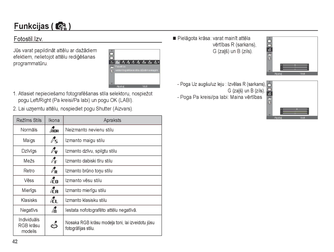 Samsung EC-ES55ZABP/RU, EC-ES55ZBBP/RU, EC-ES55ZSBP/RU manual Fotostil.Izv, Poga Pa kreisi/pa labi Maina vƝrtƯbas 