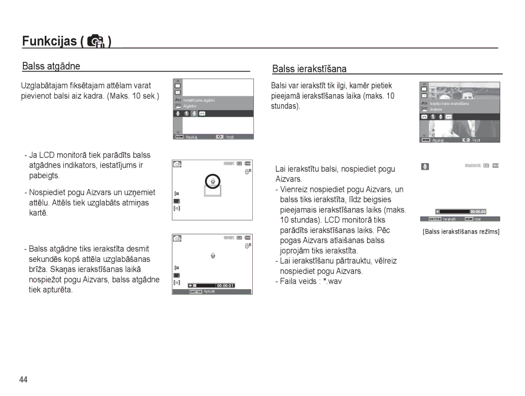 Samsung EC-ES55ZBBP/RU manual Balss atgƗdne, Balss ierakstƯšana, Stundas, Lai ierakstƯtu balsi, nospiediet pogu Aizvars 