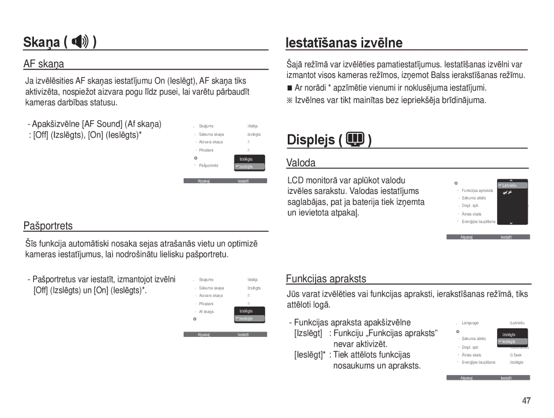 Samsung EC-ES55ZBBP/RU, EC-ES55ZABP/RU, EC-ES55ZSBP/RU manual IestatƯšanas izvƝlne, Displejs 