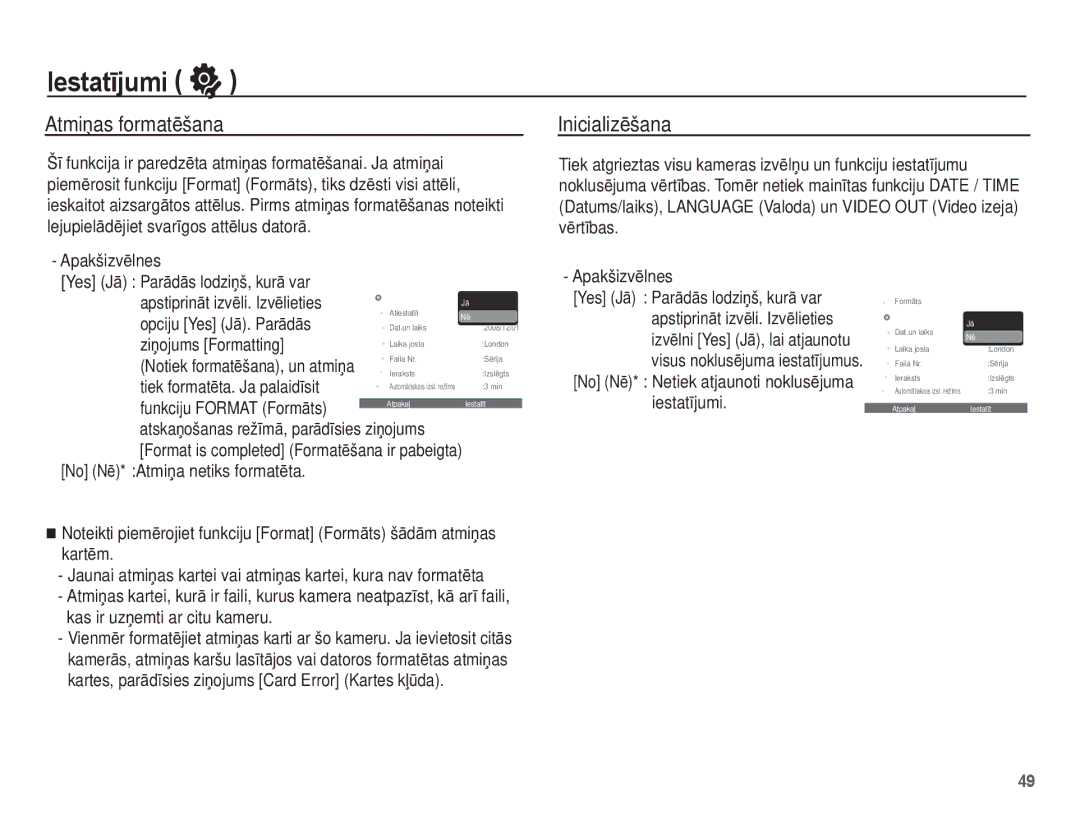 Samsung EC-ES55ZSBP/RU, EC-ES55ZBBP/RU, EC-ES55ZABP/RU manual IestatƯjumi, AtmiƼas formatƝšana, InicializƝšana 