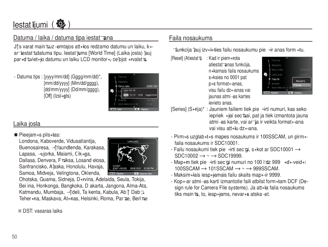 Samsung EC-ES55ZBBP/RU, EC-ES55ZABP/RU manual Datuma / laika / datuma tipa iestatƯšana, Laika josla, Faila nosaukums 