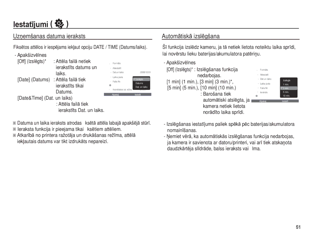 Samsung EC-ES55ZABP/RU, EC-ES55ZBBP/RU, EC-ES55ZSBP/RU manual UzƼemšanas datuma ieraksts, AutomƗtiskƗ izslƝgšana 