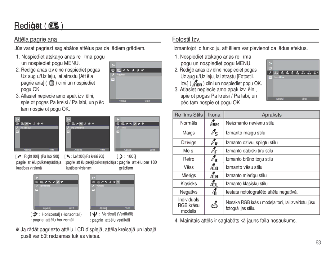 Samsung EC-ES55ZABP/RU, EC-ES55ZBBP/RU manual AttƝla pagriešana, Jǌs varat pagriezt saglabƗtos attƝlus par dažƗdiem grƗdiem 