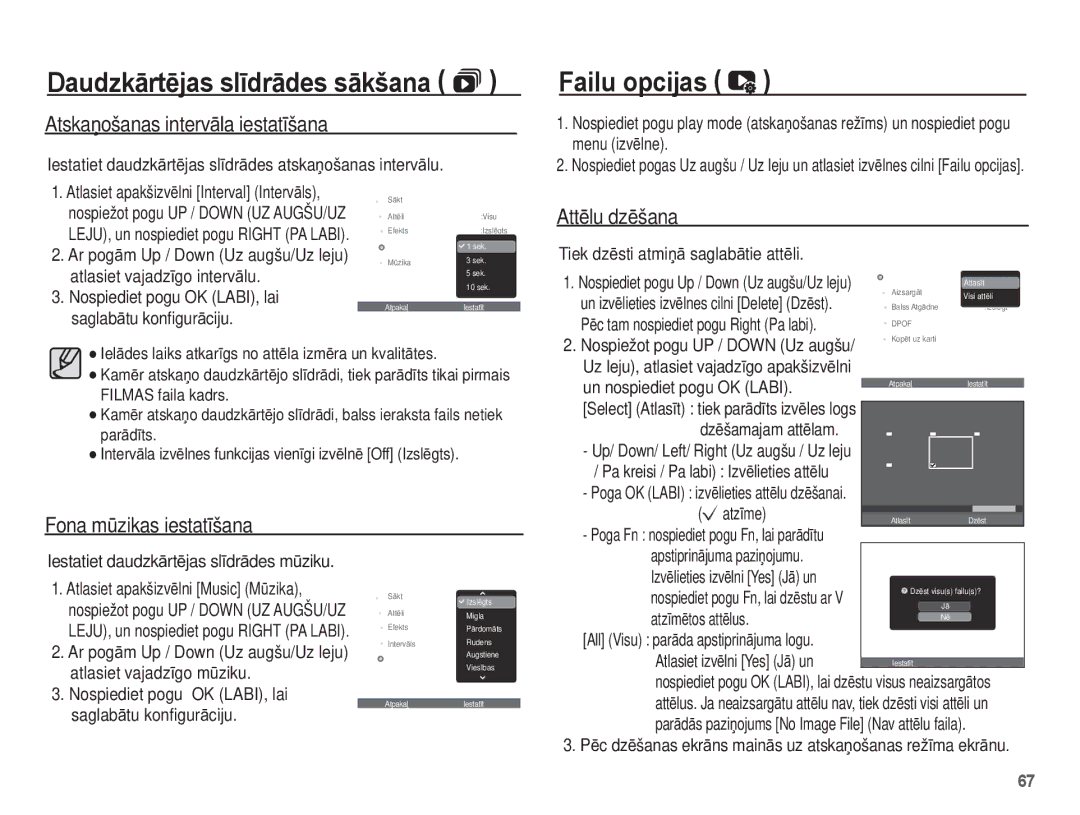 Samsung EC-ES55ZSBP/RU manual Failu opcijas, AtskaƼošanas intervƗla iestatƯšana, Fona mǌzikas iestatƯšana, AttƝlu dzƝšana 