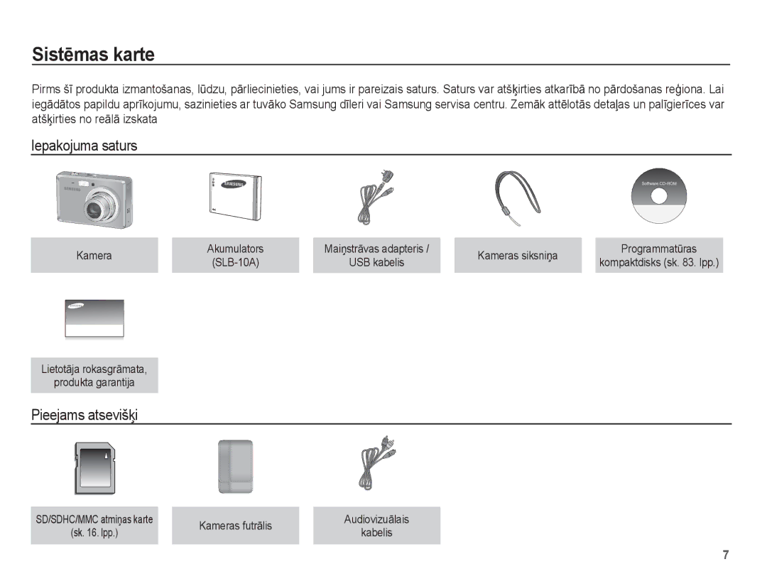 Samsung EC-ES55ZSBP/RU, EC-ES55ZBBP/RU, EC-ES55ZABP/RU manual SistƝmas karte, Iepakojuma saturs, Pieejams atsevišƷi 