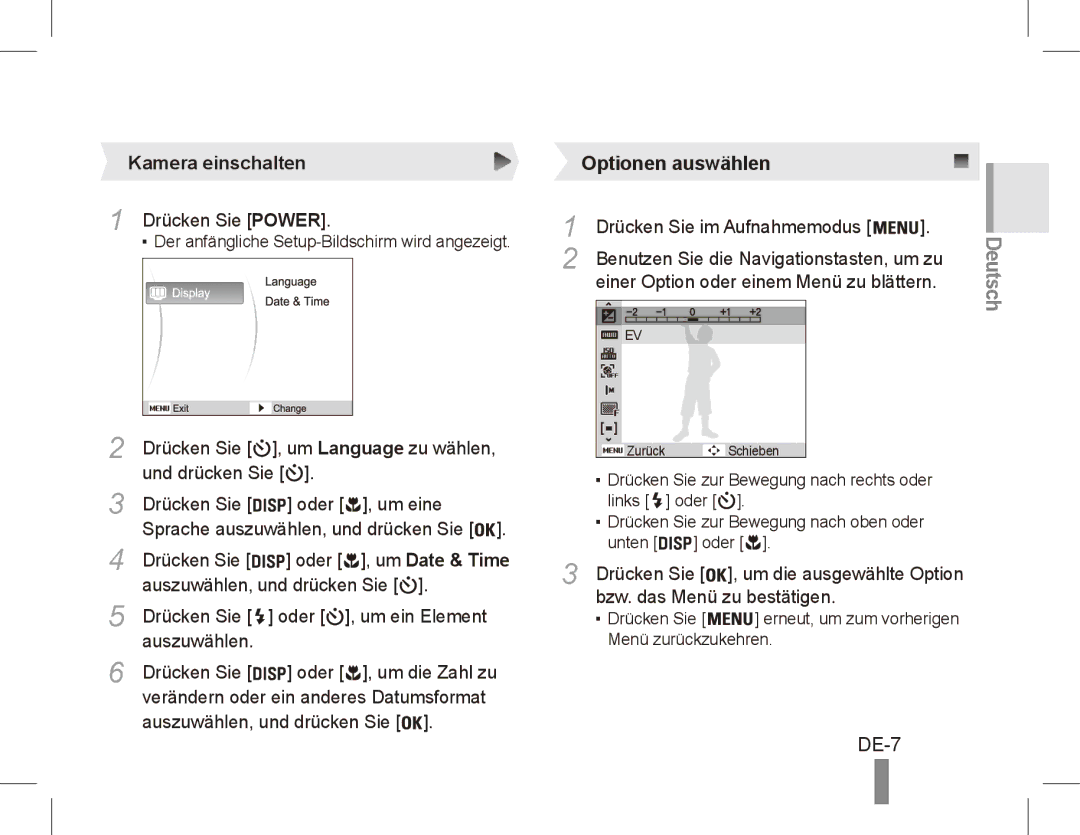 Samsung EC-ES55ZSBP/ME, EC-ES55ZPBP/FR, EC-ES55ZSBP/FR, EC-ES55ZABP/FR manual Optionen auswählen, DE-7, Kamera einschalten 