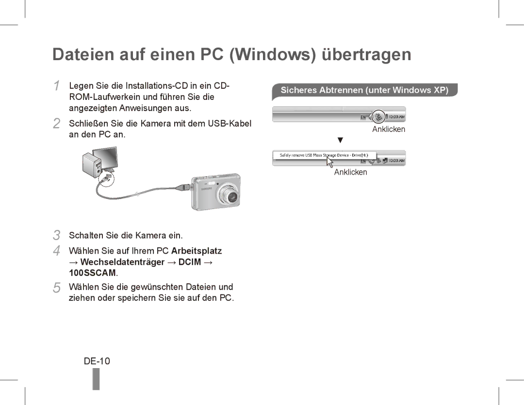 Samsung EC-ES55ZBBP/SA, EC-ES55ZPBP/FR manual Dateien auf einen PC Windows übertragen, DE-10, → Wechseldatenträger → Dcim → 