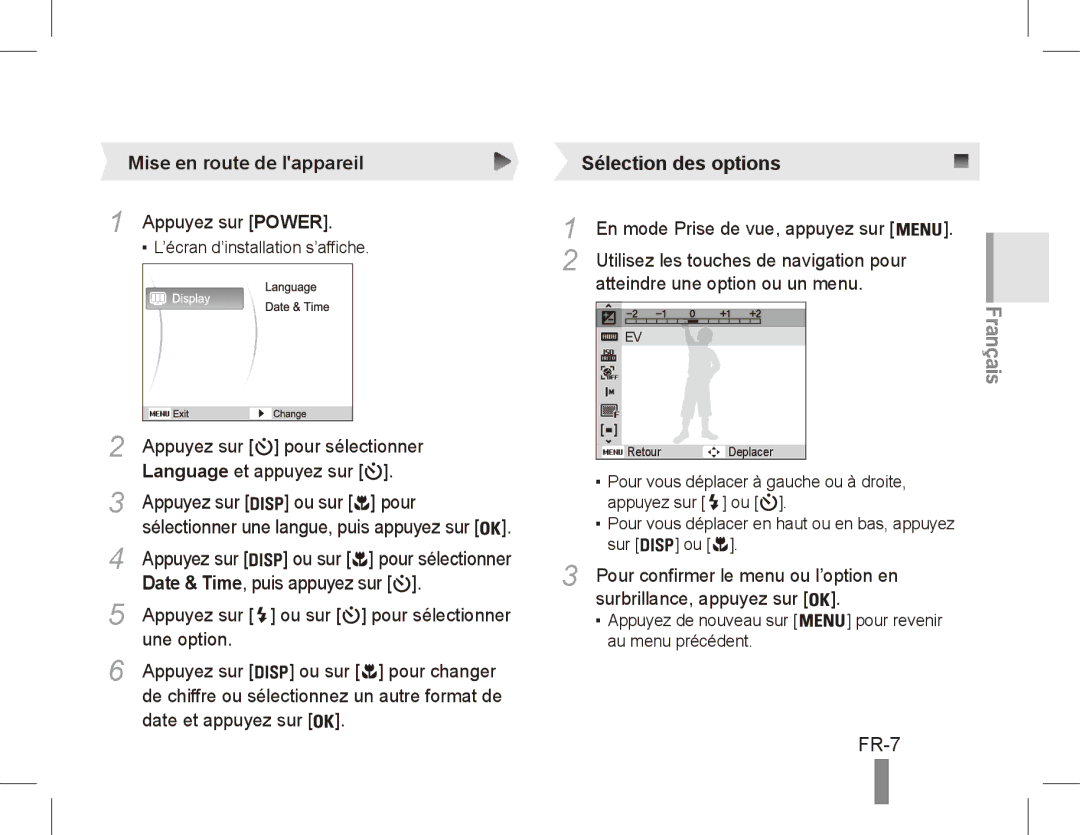 Samsung EC-ES55ZABP/VN, EC-ES55ZPBP/FR, EC-ES55ZSBP/FR manual Sélection des options, FR-7, Mise en route de lappareil 
