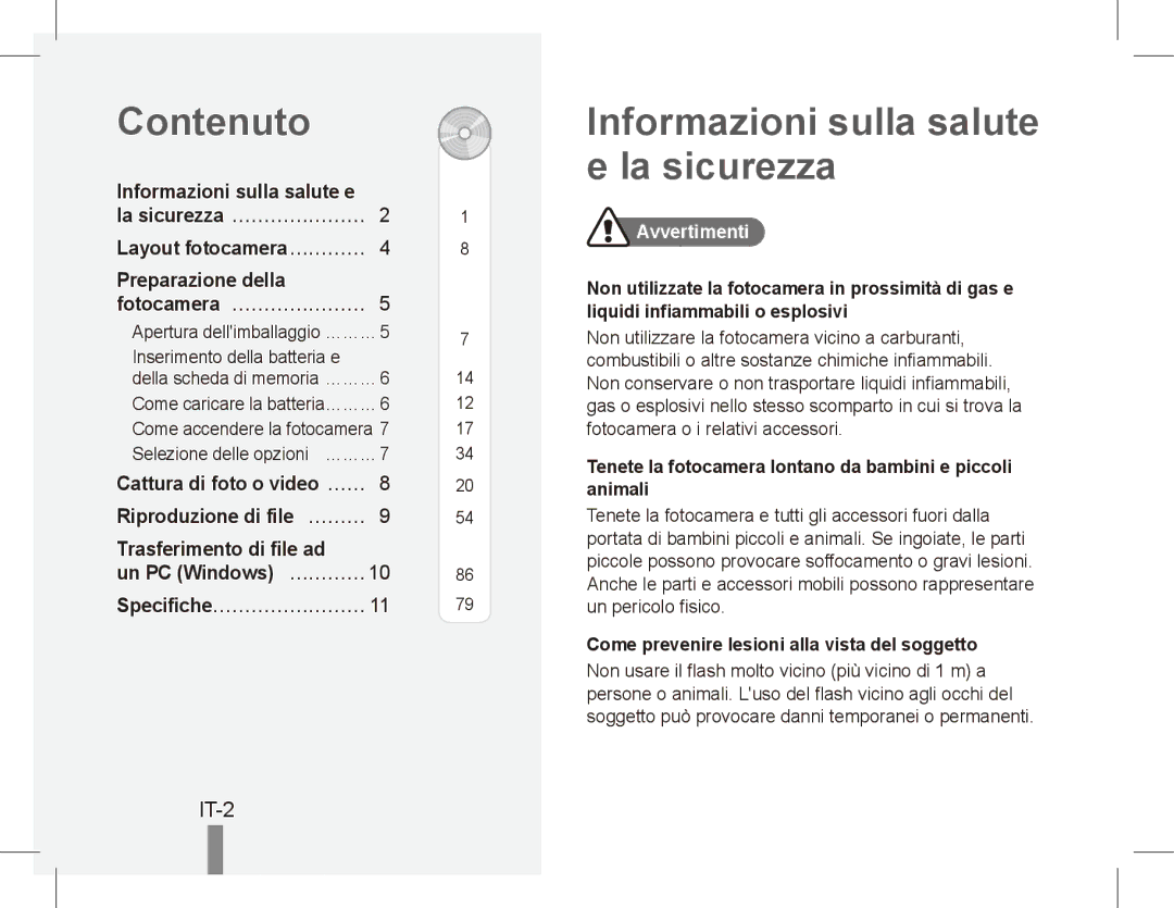 Samsung EC-ES55ZABP/E3 manual Contenuto, Informazioni sulla salute e la sicurezza, IT-2, Specifiche……………………, Avvertimenti 