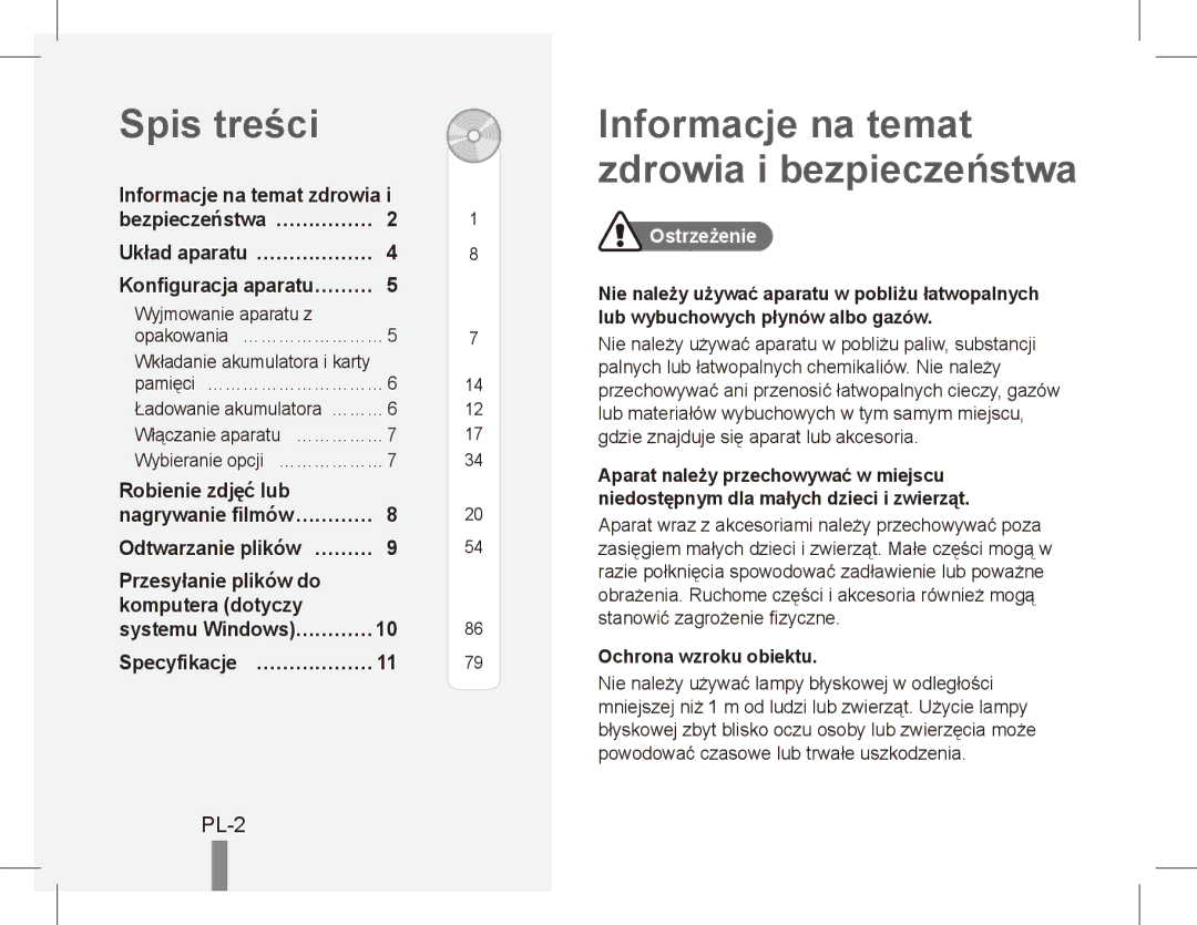 Samsung EC-ES55ZABA/E3, EC-ES55ZPBP/FR manual Spis treści, Informacje na temat zdrowia i bezpieczeństwa, PL-2, Ostrzeżenie 