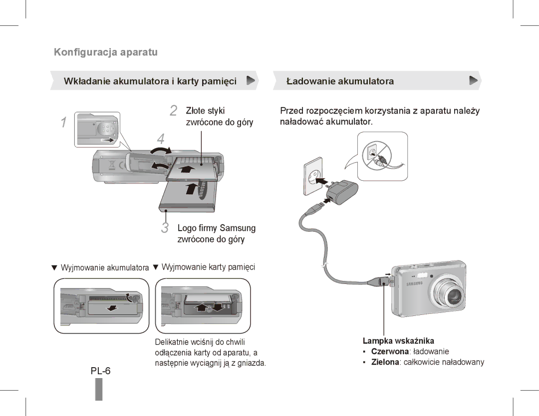 Samsung EC-ES55ZPBP/FR manual Konfiguracja aparatu, PL-6, Wkładanie akumulatora i karty pamięci Ładowanie akumulatora 