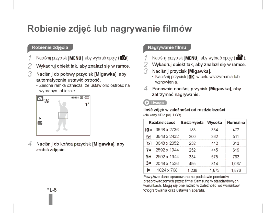 Samsung EC-ES55ZABP/FR, EC-ES55ZPBP/FR, EC-ES55ZSBP/FR manual Robienie zdjęć lub nagrywanie filmów, PL-8, Nagrywanie filmu 