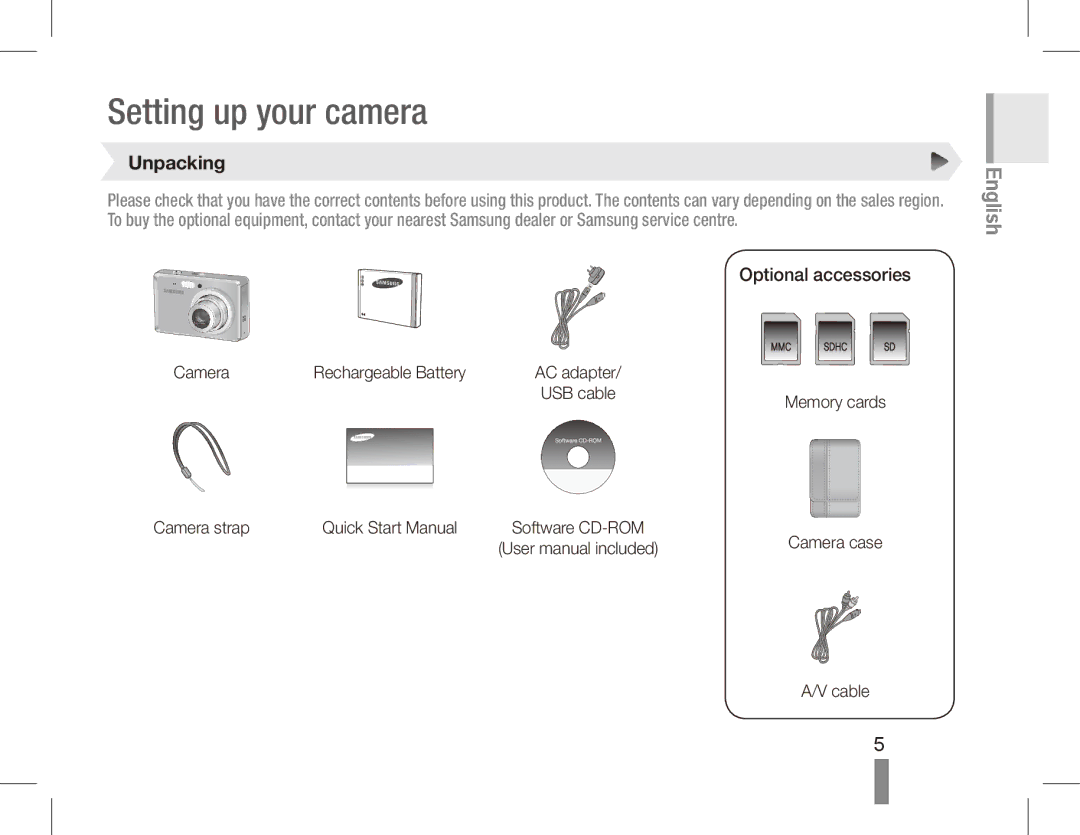 Samsung EC-ES55ZSBP/GB, EC-ES55ZPBP/FR, EC-ES55ZSBP/FR Unpacking, Optional accessories, Camera Rechargeable Battery, Cable 