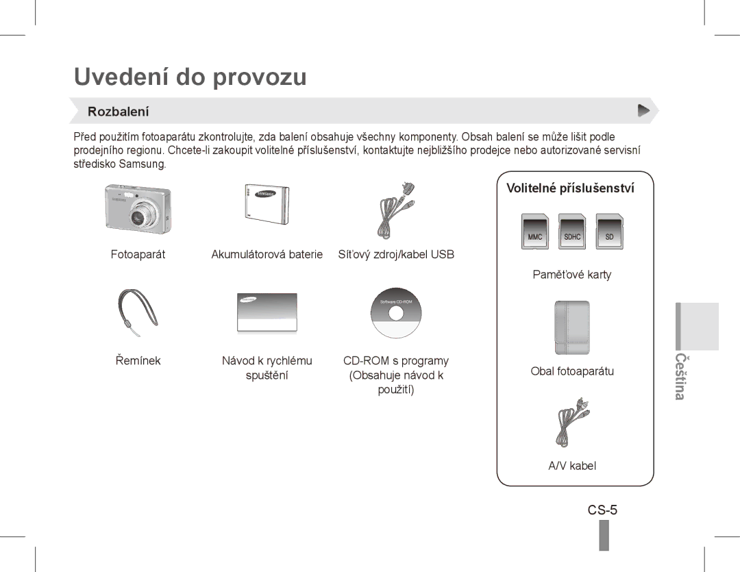 Samsung EC-ES55ZSBA/IT, EC-ES55ZPBP/FR, EC-ES55ZSBP/FR, EC-ES55ZABP/FR Uvedení do provozu, CS-5, Rozbalení, Použití Kabel 