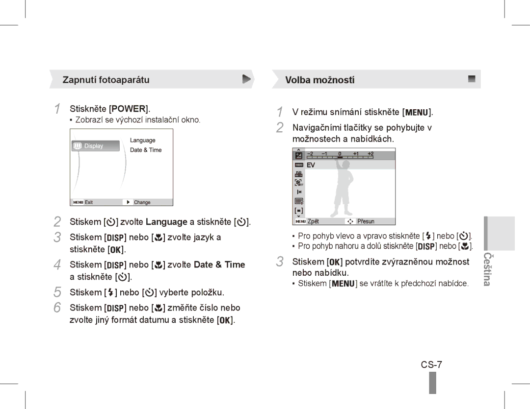 Samsung EC-ES55ZABP/AU, EC-ES55ZPBP/FR, EC-ES55ZSBP/FR, EC-ES55ZABP/FR manual Volba možností, CS-7, Zapnutí fotoaparátu 