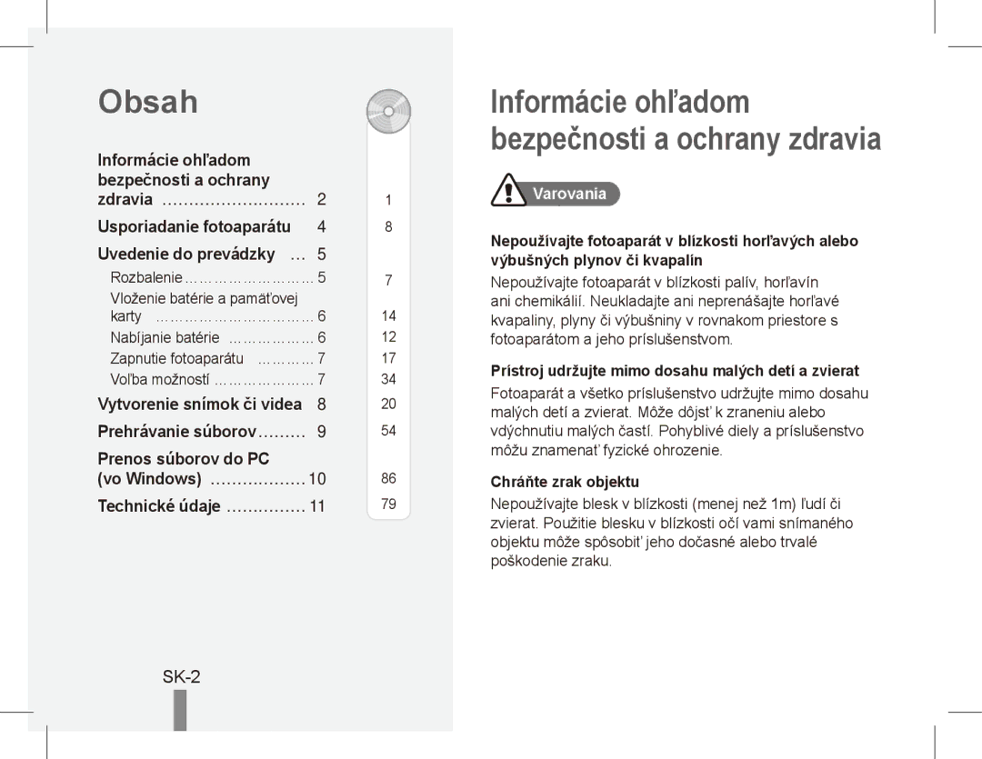 Samsung EC-ES55ZBBP/ZA, EC-ES55ZPBP/FR, EC-ES55ZSBP/FR manual SK-2, Prenos súborov do PC Vo Windows… ………………10, Varovania 