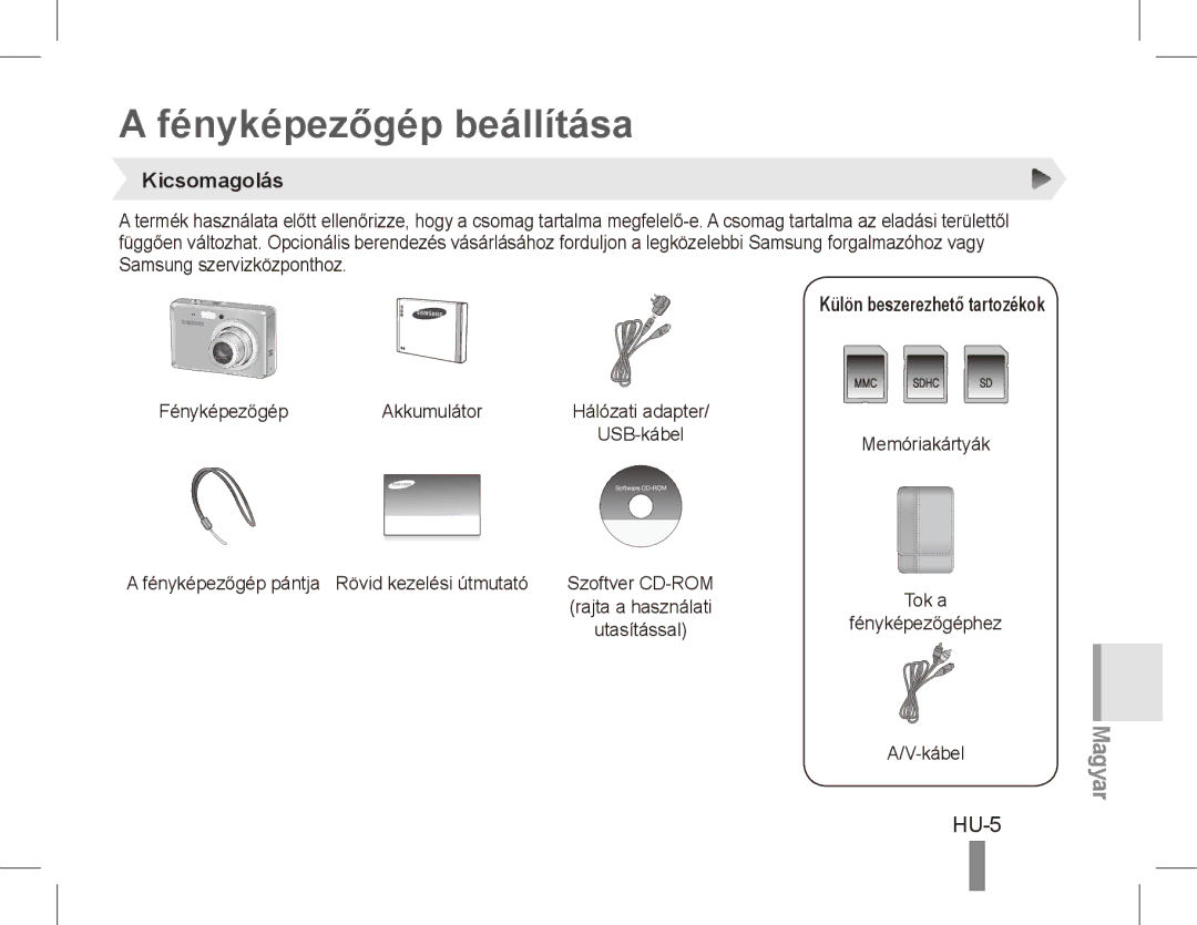 Samsung EC-ES55ZSBP/VN, EC-ES55ZPBP/FR manual Fényképezőgép beállítása, HU-5, Kicsomagolás, Külön beszerezhető tartozékok 