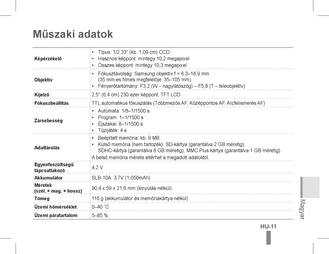 Samsung EC-ES55ZSBP/E3, EC-ES55ZPBP/FR, EC-ES55ZSBP/FR, EC-ES55ZABP/FR, EC-ES55ZBBP/FR, EC-ES55ZSBP/IT Műszaki adatok, HU-11 