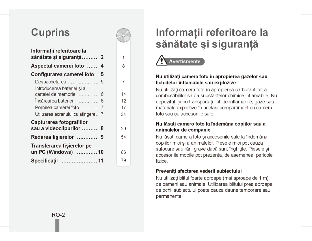 Samsung EC-ES55ZABP/E2, EC-ES55ZPBP/FR, EC-ES55ZSBP/FR manual Cuprins, Informaţii referitoare la sănătate şi siguranţă, RO-2 