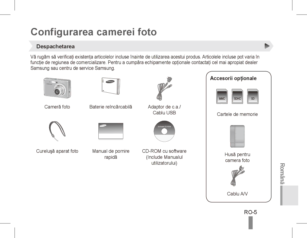 Samsung EC-ES55ZPBP/E2, EC-ES55ZPBP/FR, EC-ES55ZSBP/FR Configurarea camerei foto, RO-5, Despachetarea, Accesorii opţionale 