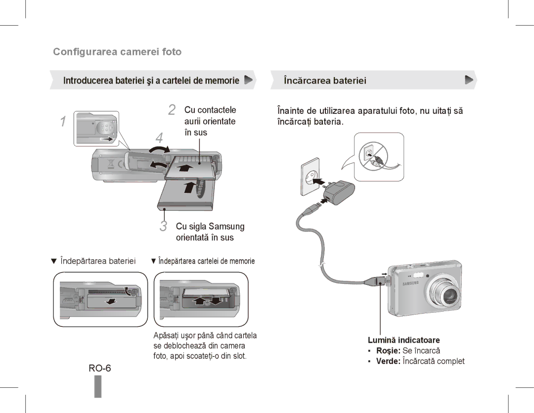 Samsung EC-ES55ZABP/RU manual Configurarea camerei foto, RO-6, Cu contactele, Aurii orientate Încărcaţi bateria În sus 