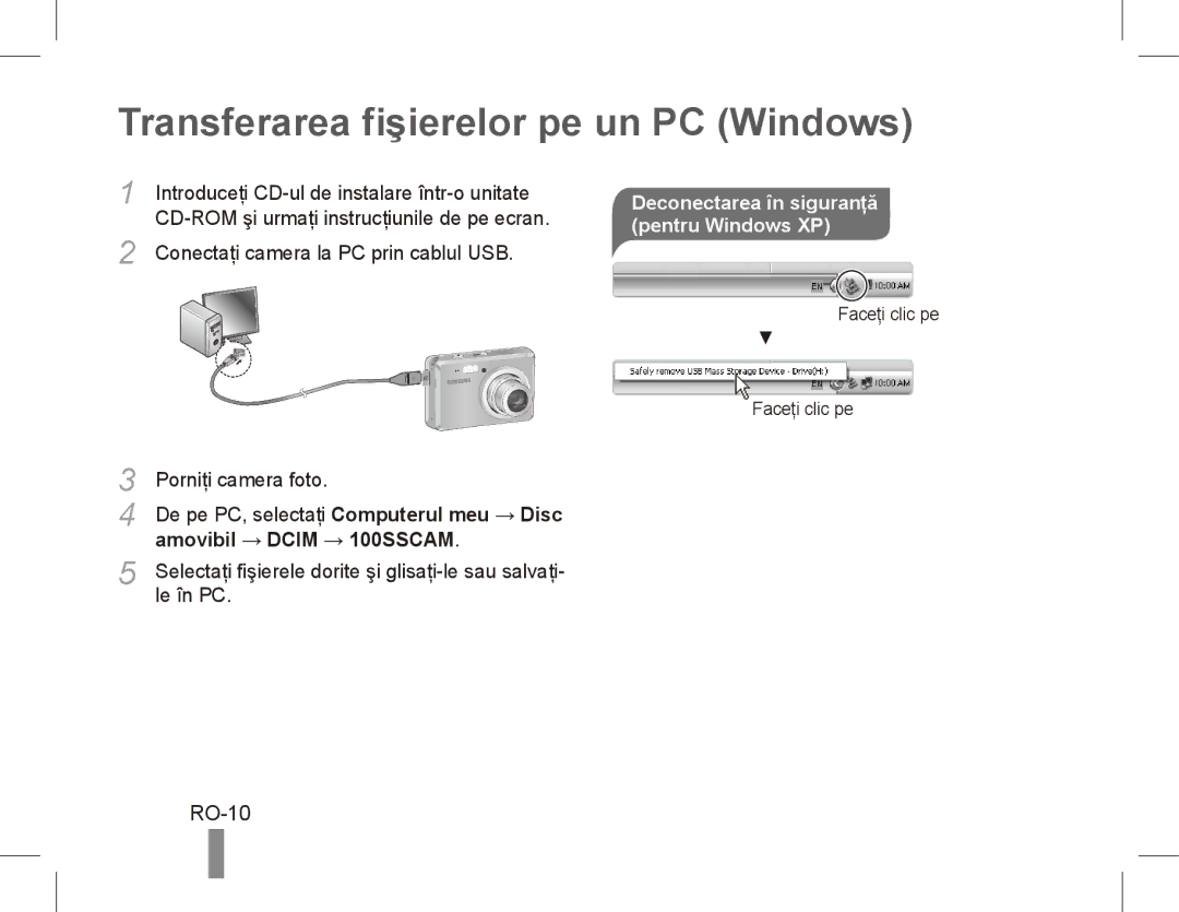 Samsung EC-ES55ZNBP/RU manual Transferarea fişierelor pe un PC Windows, RO-10, Deconectarea în siguranţă pentru Windows XP 