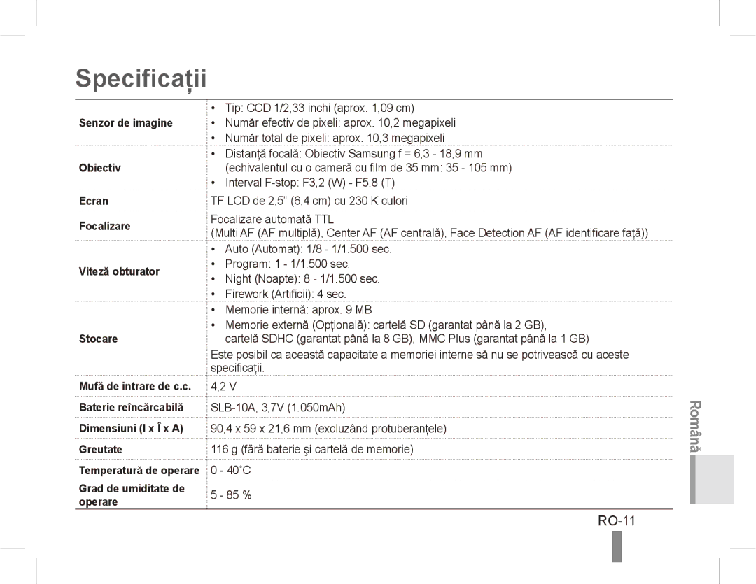 Samsung EC-ES55ZSBA/E3, EC-ES55ZPBP/FR, EC-ES55ZSBP/FR, EC-ES55ZABP/FR, EC-ES55ZBBP/FR, EC-ES55ZSBP/IT Specificaţii, RO-11 