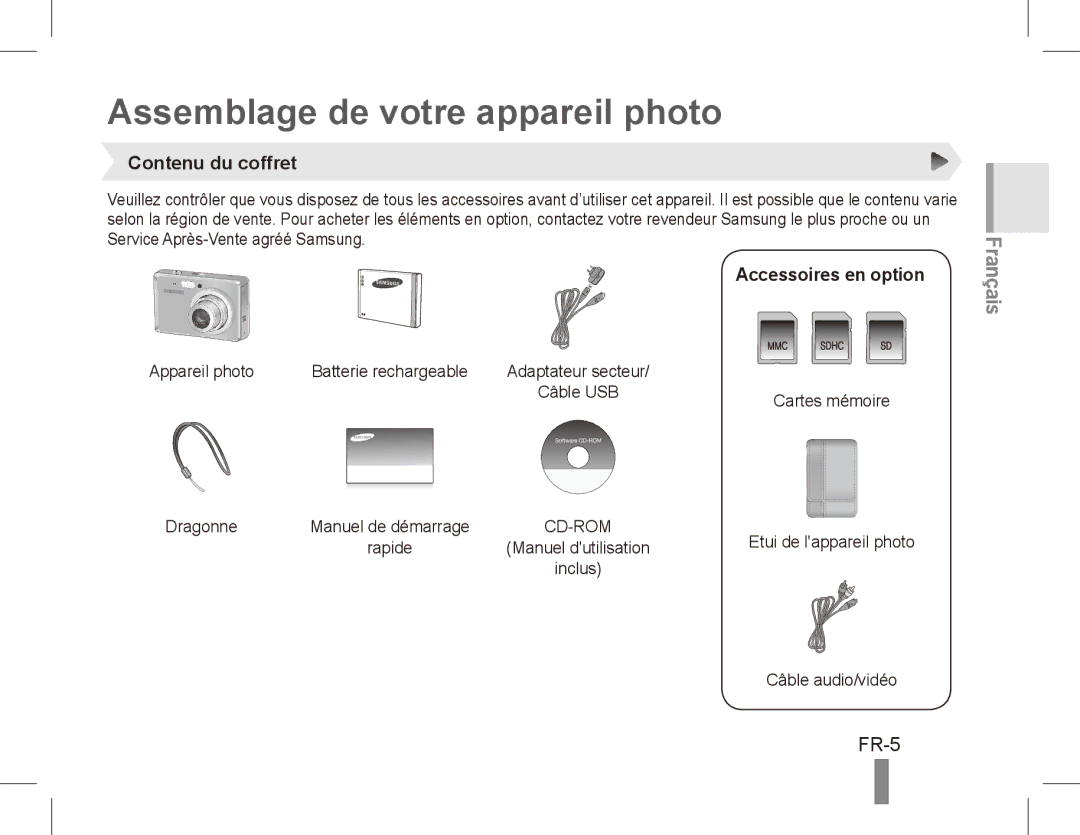 Samsung EC-ES55ZBBP/E1, EC-ES55ZPBP/FR Assemblage de votre appareil photo, FR-5, Contenu du coffret, Accessoires en option 