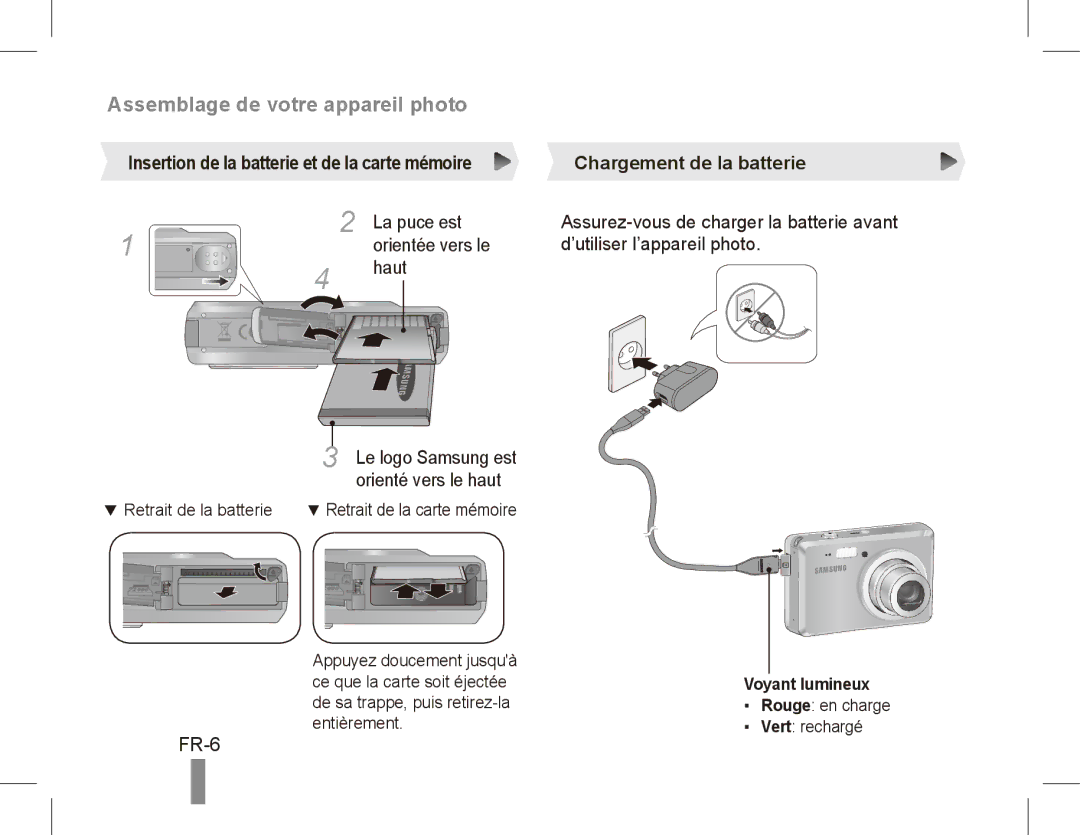 Samsung EC-ES55ZBBP/ZA manual FR-6, La puce est, Orientée vers le ’utiliser l’appareil photo Haut, Voyant lumineux 