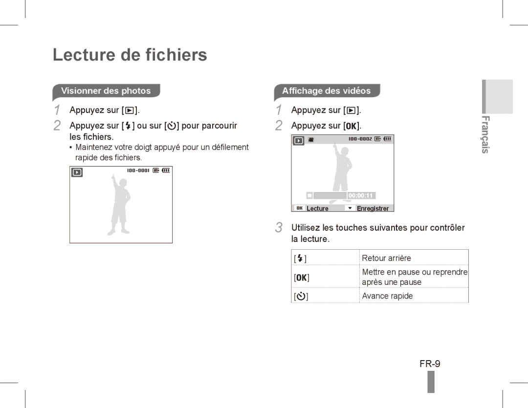 Samsung EC-ES55ZPBP/ME manual Lecture de fichiers, FR-9, Appuyez sur Ou sur pour parcourir Les fichiers, La lecture 