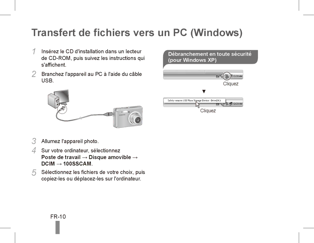 Samsung EC-ES55ZBBP/SA manual Transfert de fichiers vers un PC Windows, FR-10, Saffichent, Allumez lappareil photo 