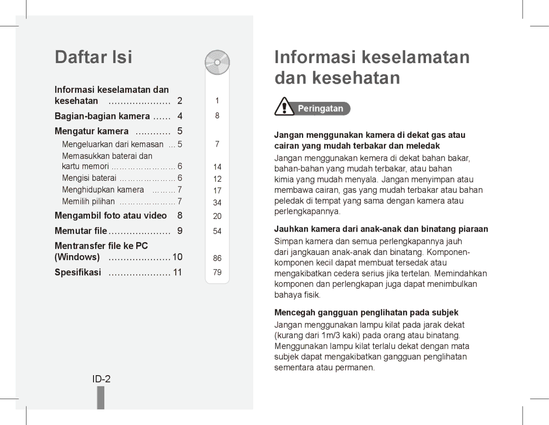 Samsung EC-ES55ZABA/E3, EC-ES55ZPBP/FR manual Daftar Isi, Informasi keselamatan dan kesehatan, ID-2, Spesifikasi… ………………… 