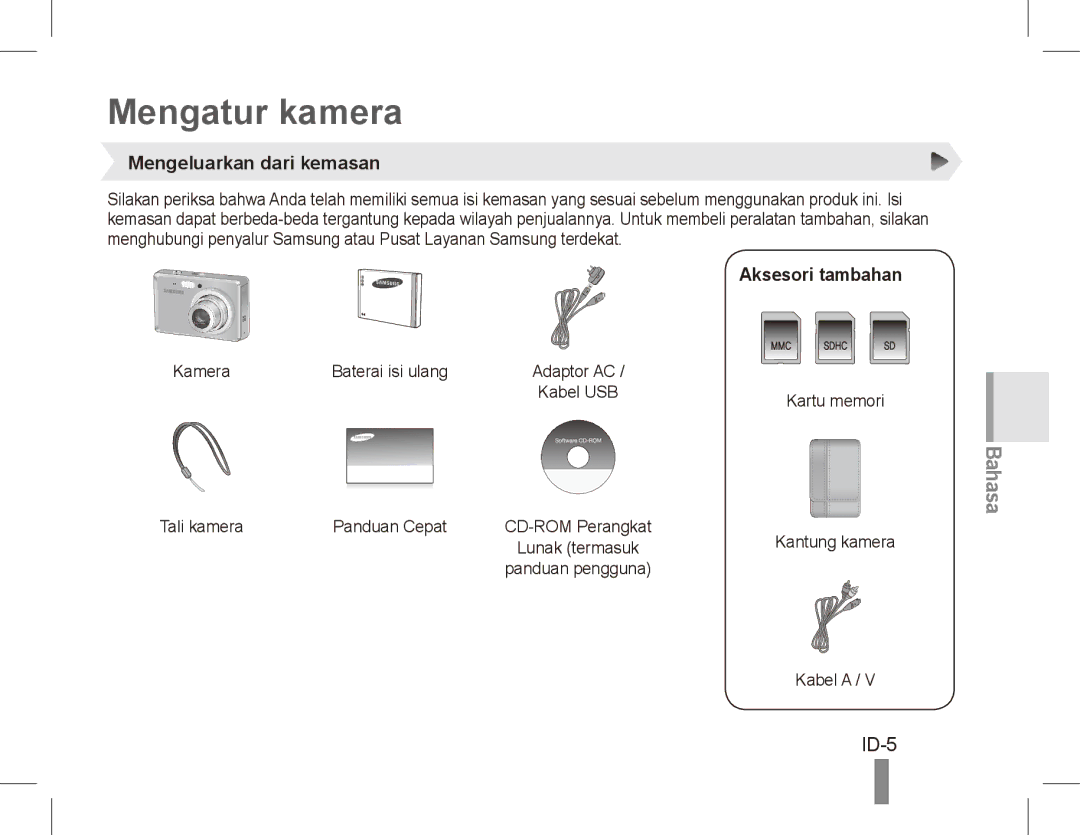 Samsung EC-ES55ZSBA/E3, EC-ES55ZPBP/FR, EC-ES55ZSBP/FR Mengatur kamera, ID-5, Mengeluarkan dari kemasan, Aksesori tambahan 