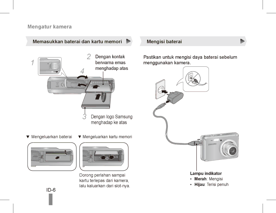 Samsung EC-ES55ZPBP/FR, EC-ES55ZSBP/FR manual ID-6, Memasukkan baterai dan kartu memori Mengisi baterai, Dengan kontak 