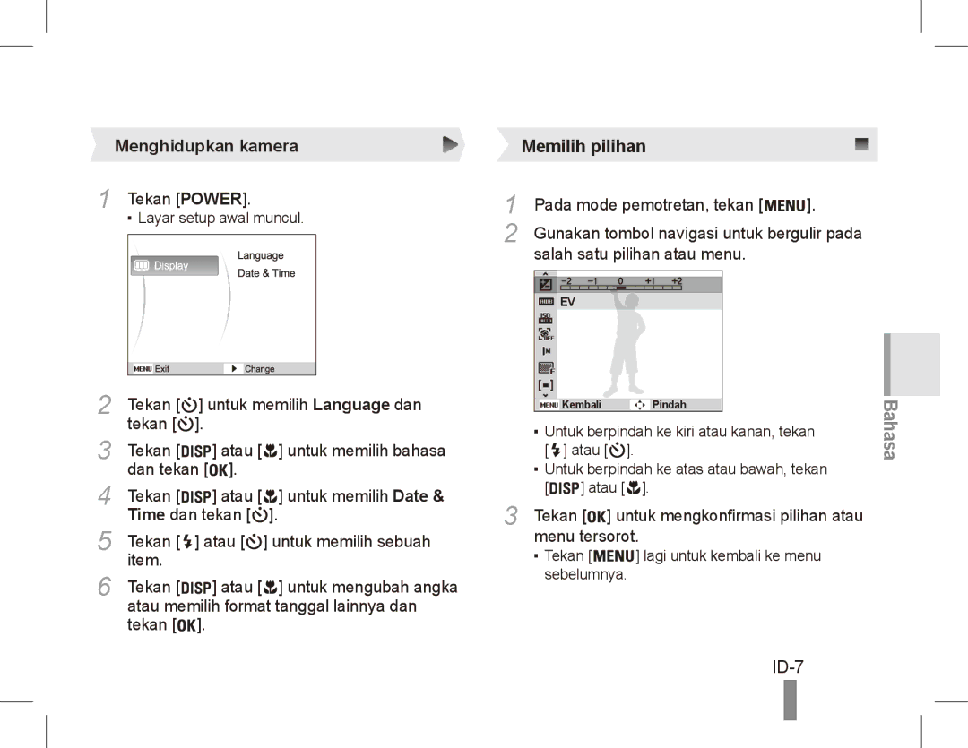 Samsung EC-ES55ZSBP/FR, EC-ES55ZPBP/FR, EC-ES55ZABP/FR, EC-ES55ZBBP/FR, EC-ES55ZSBP/IT manual ID-7, Menghidupkan kamera 