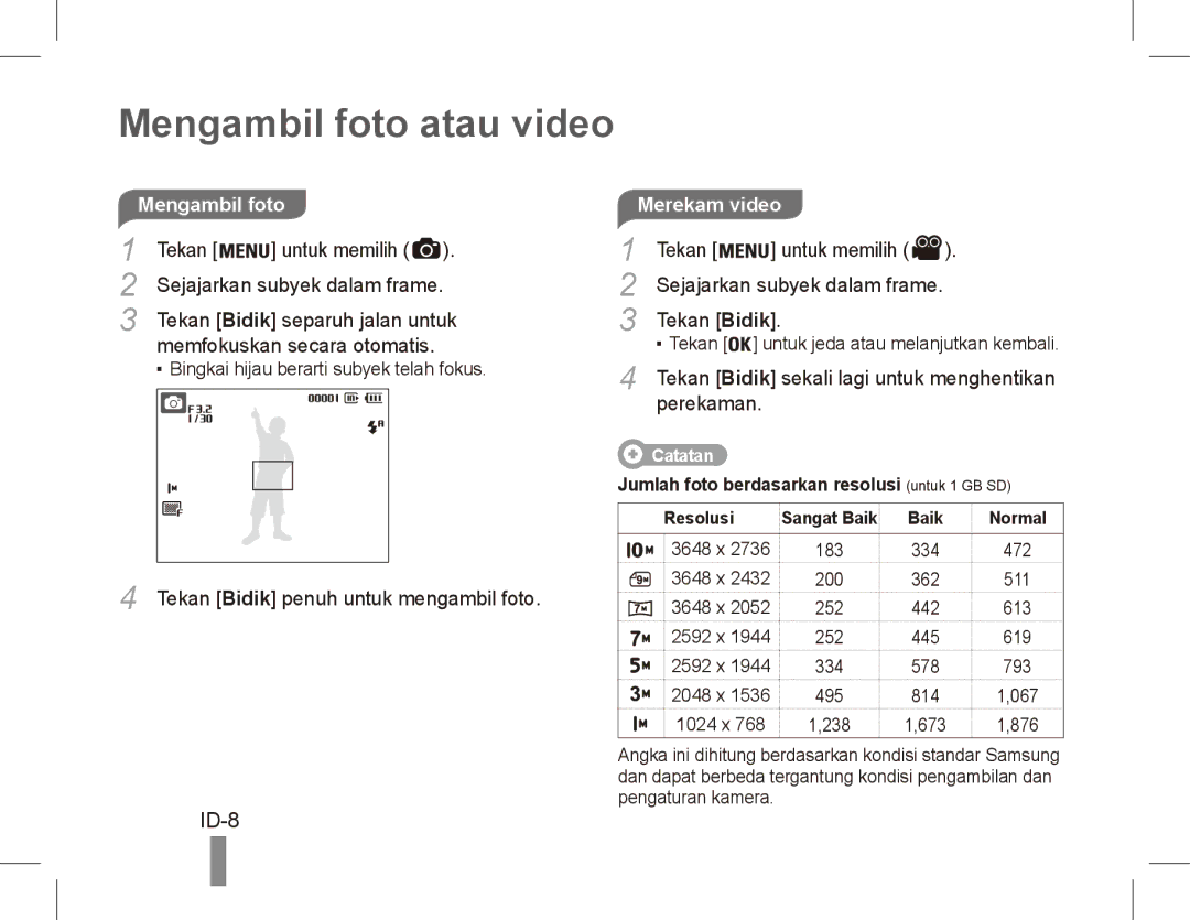 Samsung EC-ES55ZABP/FR, EC-ES55ZPBP/FR, EC-ES55ZSBP/FR, EC-ES55ZBBP/FR manual Mengambil foto atau video, ID-8, Merekam video 